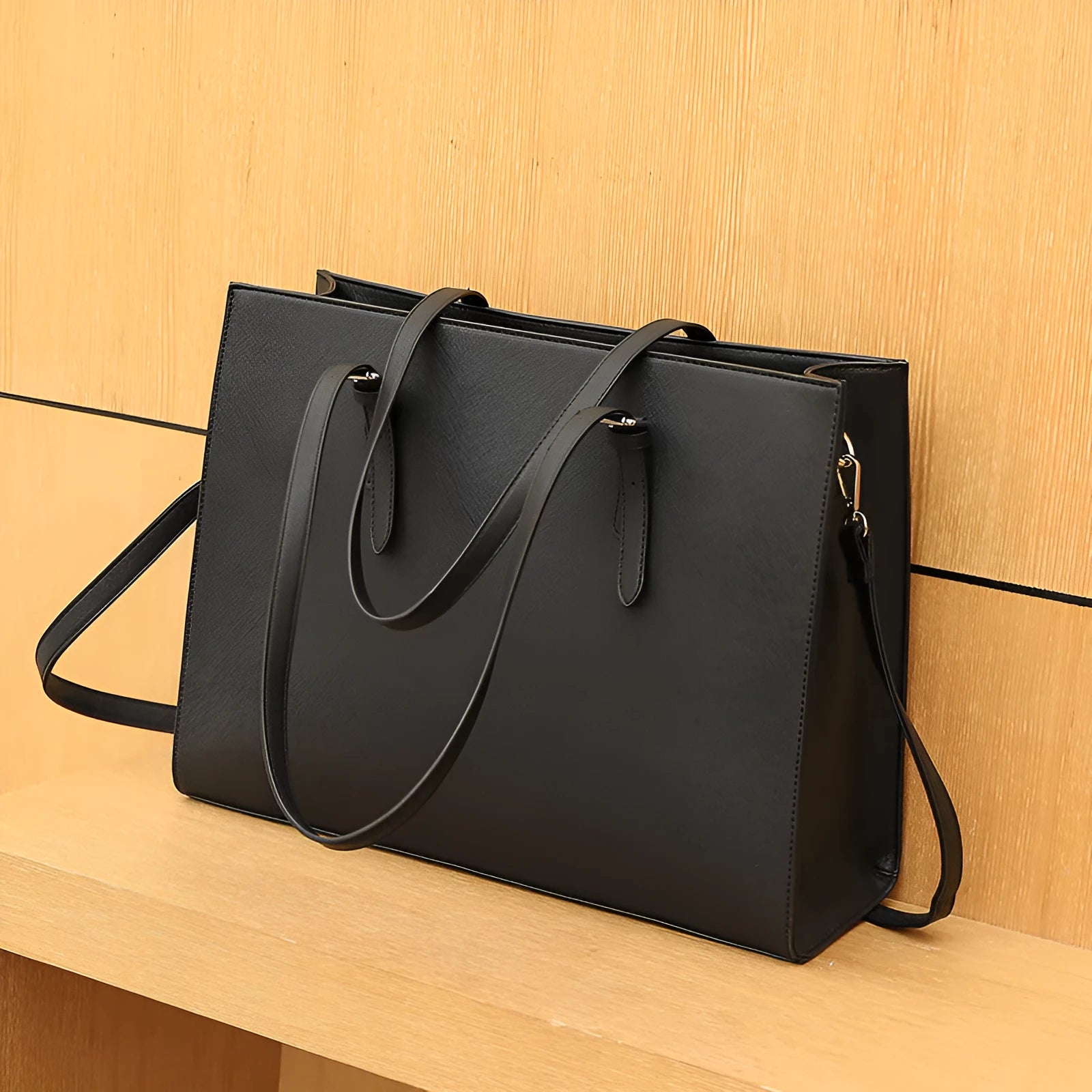 Black women's business computer bag with three shoulder straps showing internal organisation compartments
