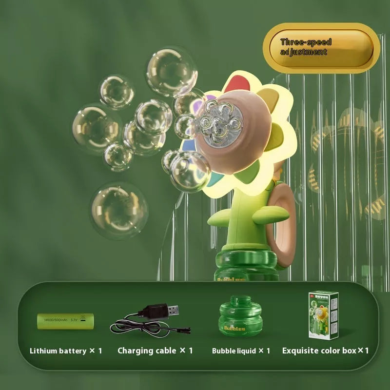 Dancing Sunflower Bubble Machine with light creating colorful bubbles outdoors