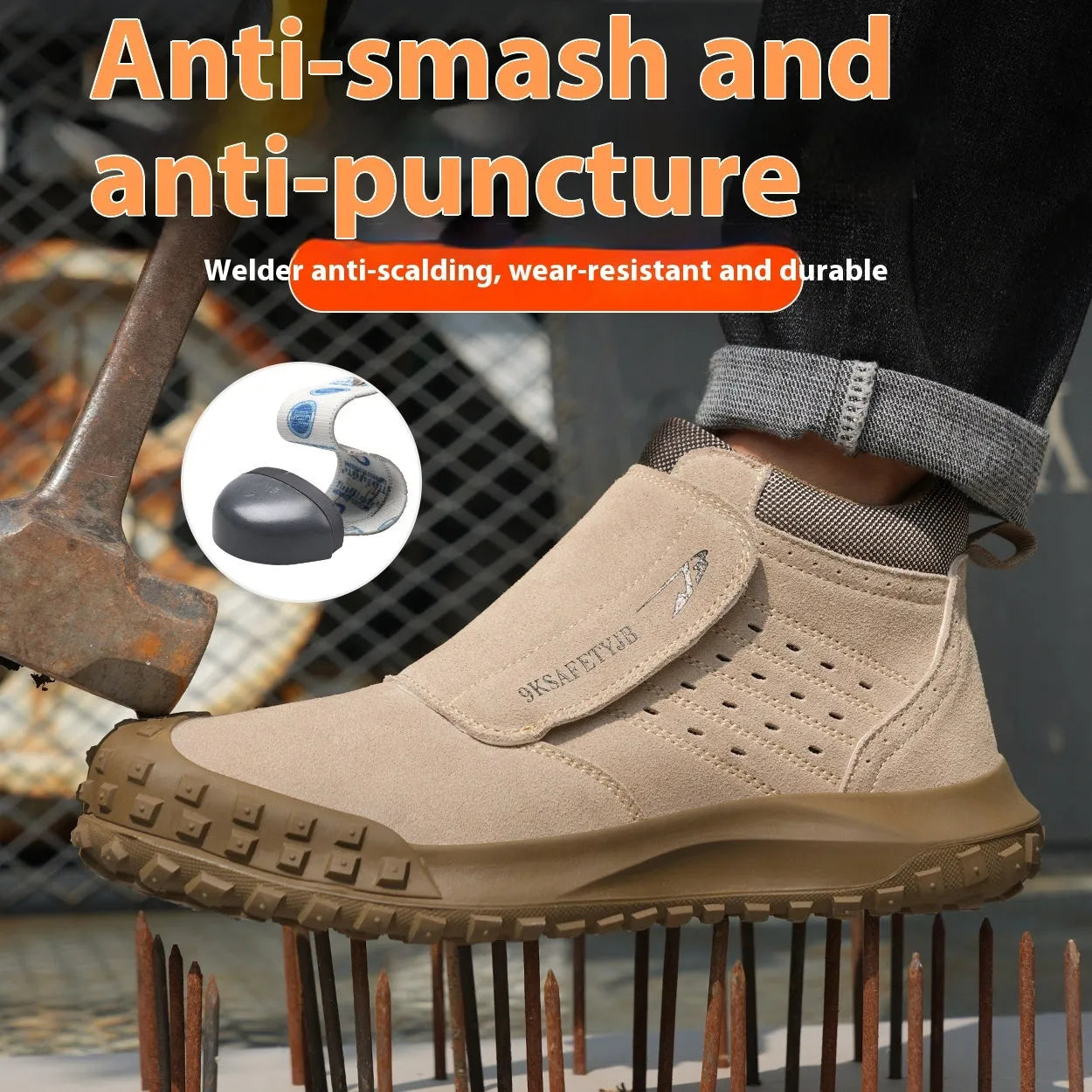 Low-top welder safety shoes with steel toe cap and lace-up closure in sand colour.