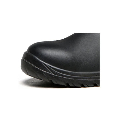 Black leather high-top safety work boots with anti-piercing sole on a worksite background.
