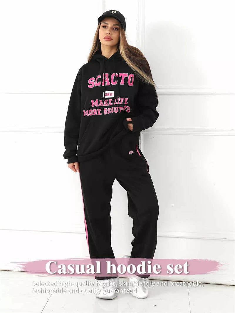 Women's casual printed top and pants set in polyester, available in black, pink, and purple