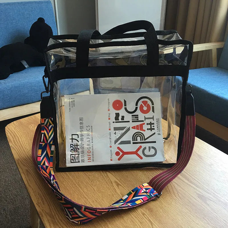 Women's PVC transparent shoulder messenger bag showing clear front panel with colour options and dual strap design