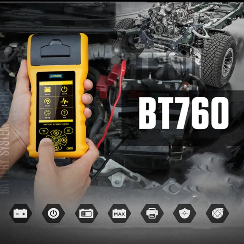 Autool BT760 vehicle battery tester with colour screen, clips, and thermal printer for 12V/24V diagnostics