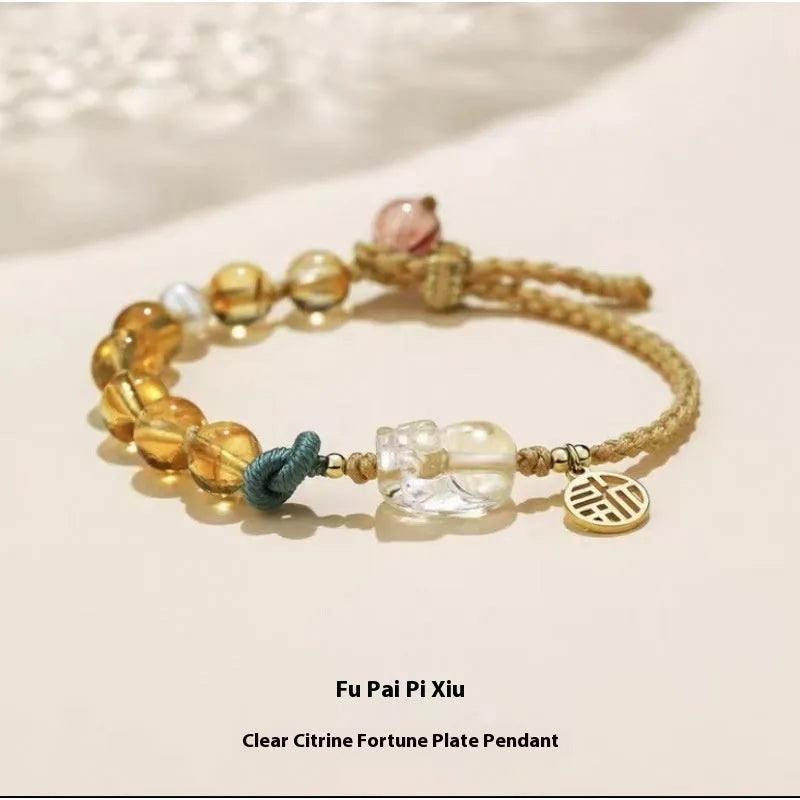 Hand-woven citrine crystal bracelet with animal zodiac designs in natural unisex style