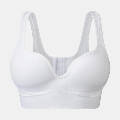 Comfortable back button up sports bra with wide straps in white, black, and apricot