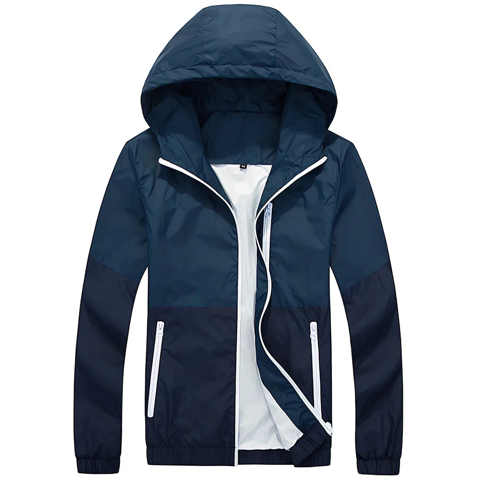 Men's lightweight hooded trench jacket in multiple colours showing front zip and hood design