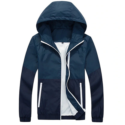 Men's lightweight hooded trench jacket in multiple colours showing front zip and hood design
