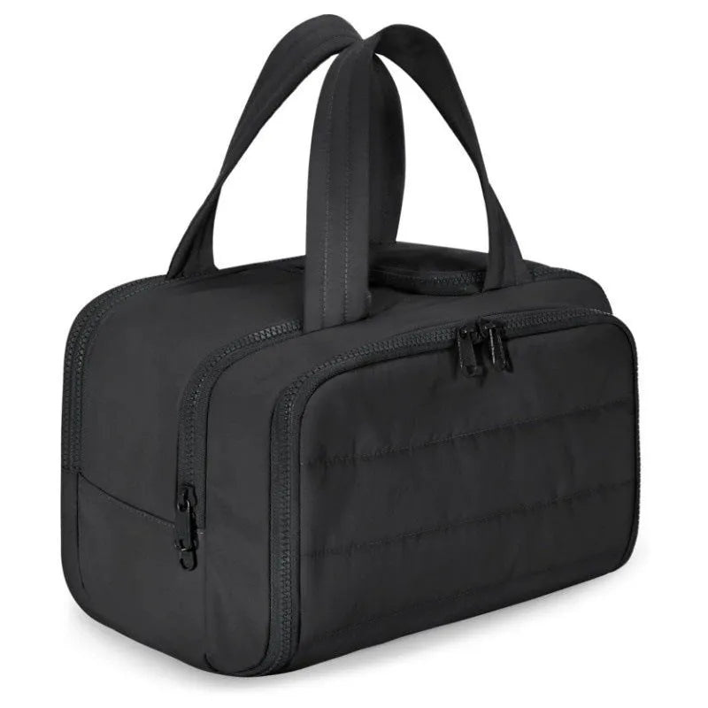 Travel toiletry bag with wide-open design showing 29.97cm length, available in six colours including black and pink