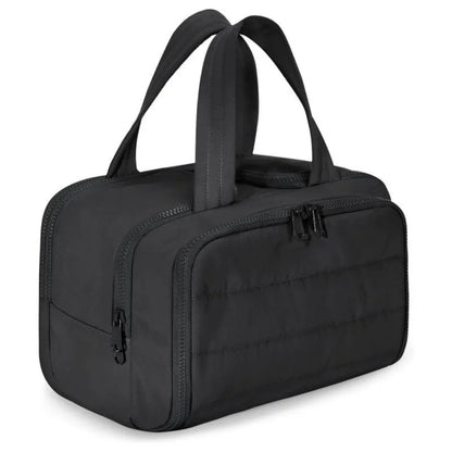 Travel toiletry bag with wide-open design showing 29.97cm length, available in six colours including black and pink