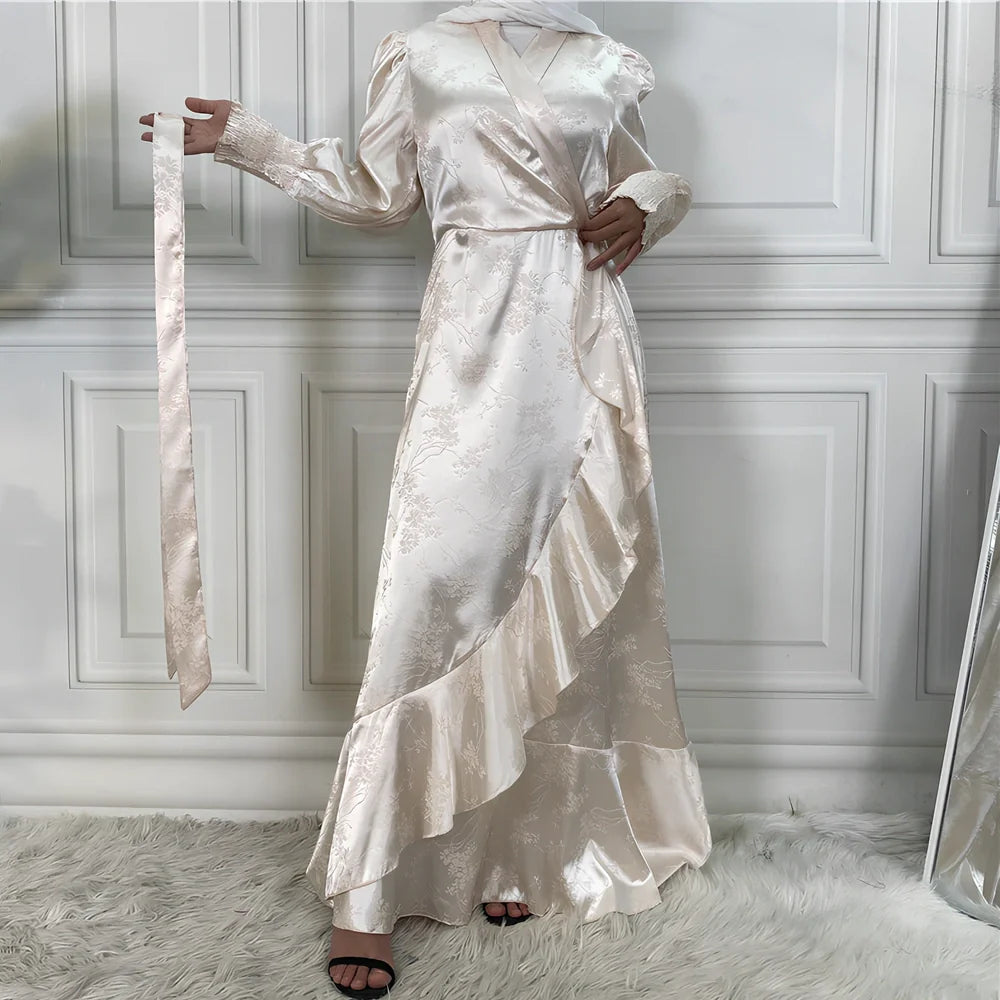 Women's patchwork Muslim dress with satin printing in green, black, pink, gold, or apricot colours