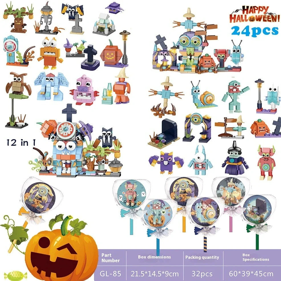 Halloween building blocks set showing six themed designs including handbag and lollipop shapes in colour box packaging