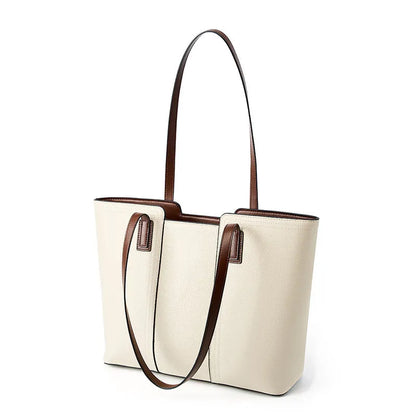 Women's genuine leather large capacity crossbody commuter bag in black, shown with internal organised compartments.