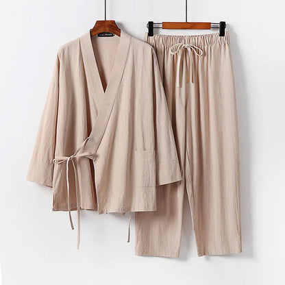 Cardigan-style hanfu two-piece suit in cotton linen blend, traditional Asian clothing set