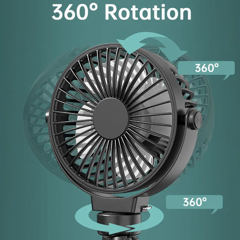 Black flexible tripod clip fan with USB charging cable, showing wrapped legs and blade guard.