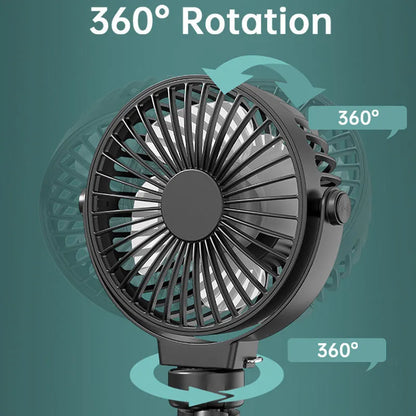 Black flexible tripod clip fan with USB charging cable, showing wrapped legs and blade guard.