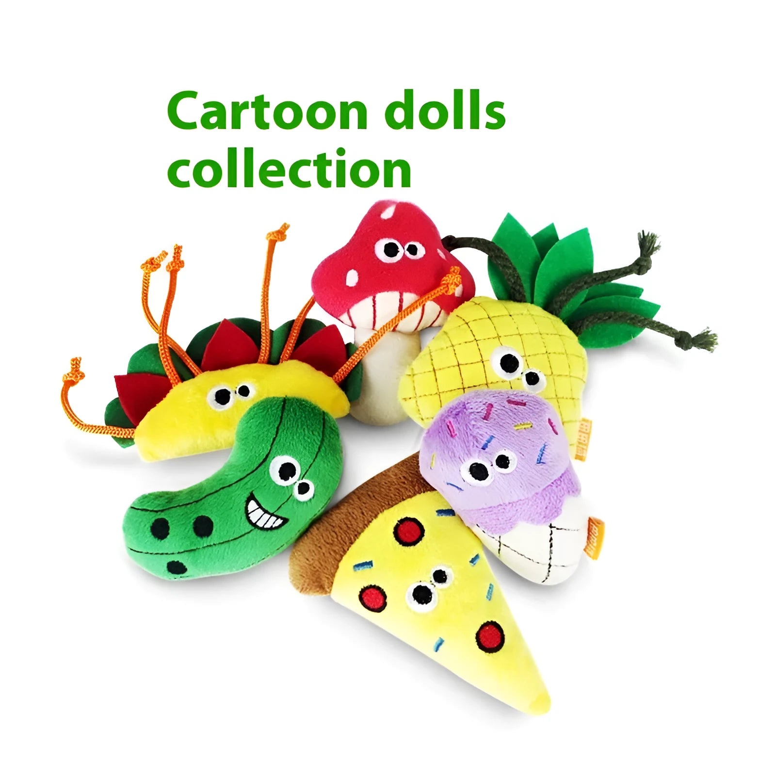 Tiantianmao plush catnip pillow toy in burrito, pizza, pineapple, cucumber, cone, and mushroom shapes.