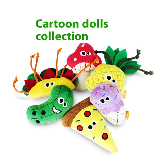 Tiantianmao plush catnip pillow toy in burrito, pizza, pineapple, cucumber, cone, and mushroom shapes.