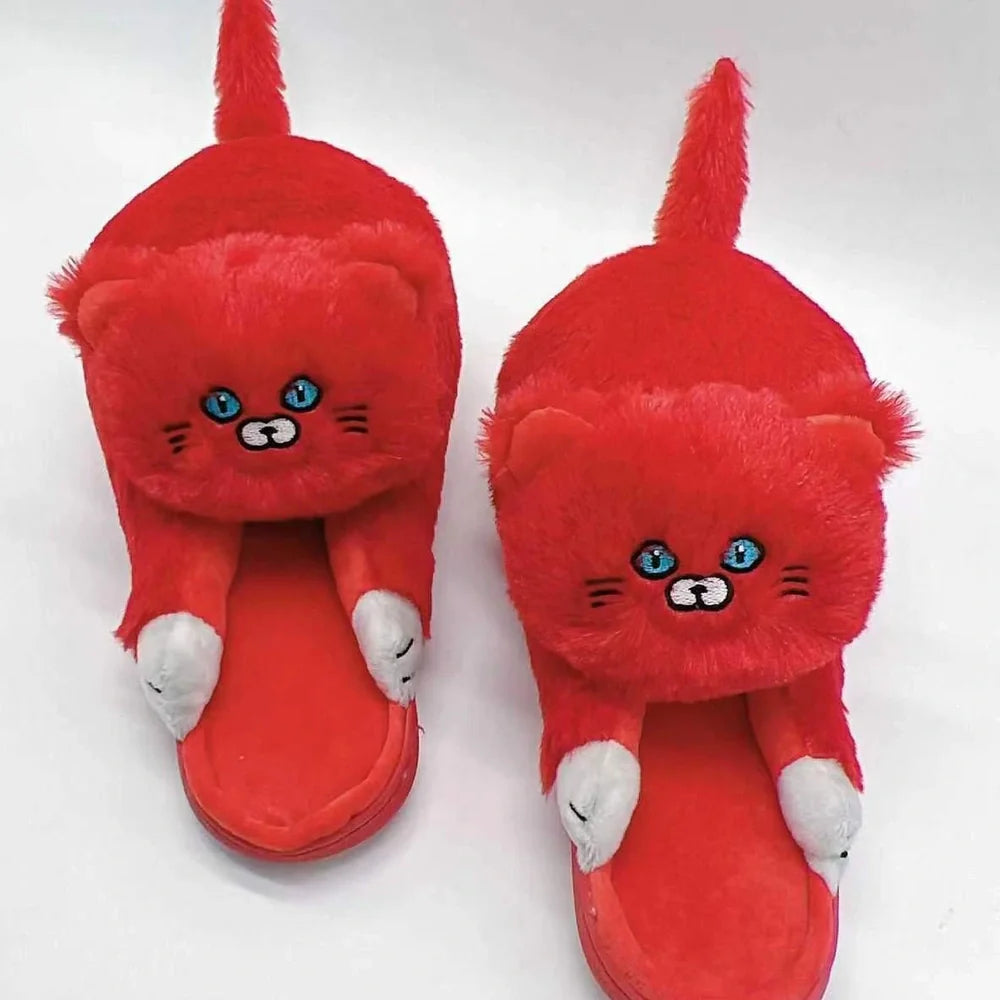 Cotton cat slippers with non-slip sole and animal pattern in blue, white, or beige