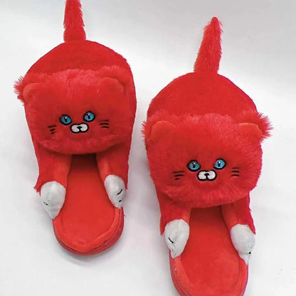 Cotton cat slippers with non-slip sole and animal pattern in blue, white, or beige