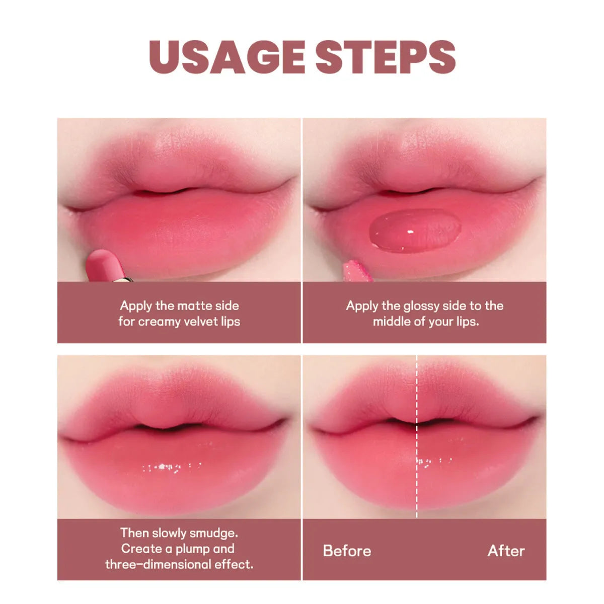 Double-headed lipstick and lip gloss case showing two applicators in 10 colour shades
