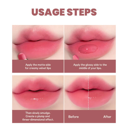 Double-headed lipstick and lip gloss case showing two applicators in 10 colour shades