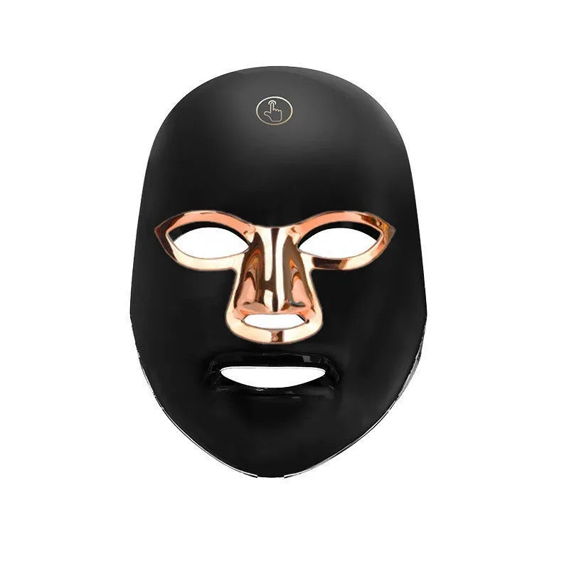 White golden edge LED beauty mask with manual touch controls and fixing strap for facial treatments