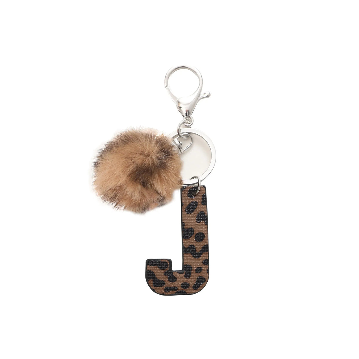 Leopard-print artificial leather keychain with oil-edged acrylic letter and included key ring, retro style