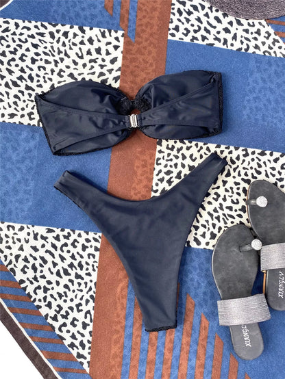 Women's ring cutout tube top split swimsuit in polyester, available in multiple colors