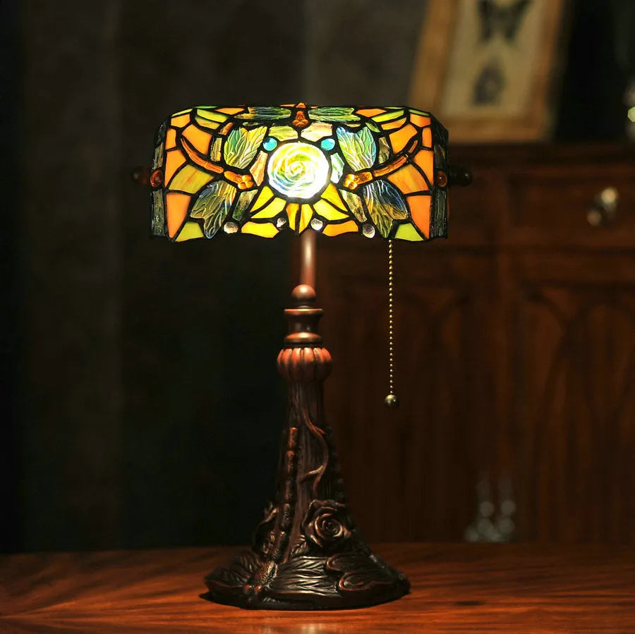 10-inch Tiffany table lamp with stained glass lampshade and resin base, 36cm height, on a study desk