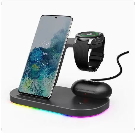 Vertical 3-in-1 wireless charging stand for mobile phone, smartwatch, and headphones