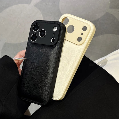 Litchi grain leather iPhone case with PC anti-fall shell, black brown or white, for iPhone 15 16 17 Pro Max