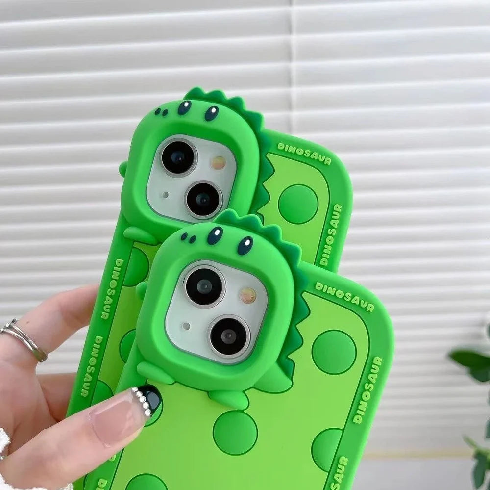 Green polka dot dinosaur silicone phone case showing back design and side protection for iPhone