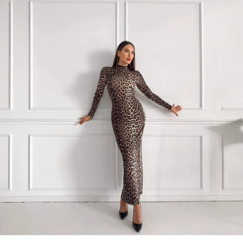 Leopard print long sleeve dress with stand collar and high waist design