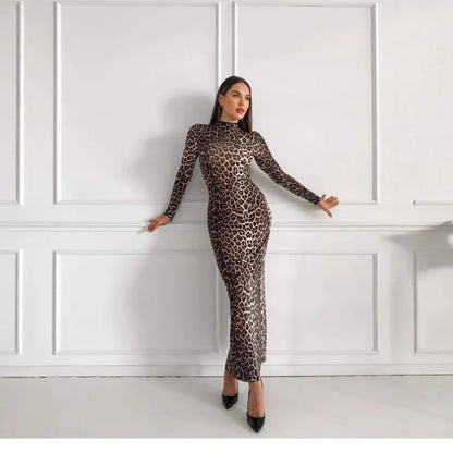 Leopard print long sleeve dress with stand collar and high waist design
