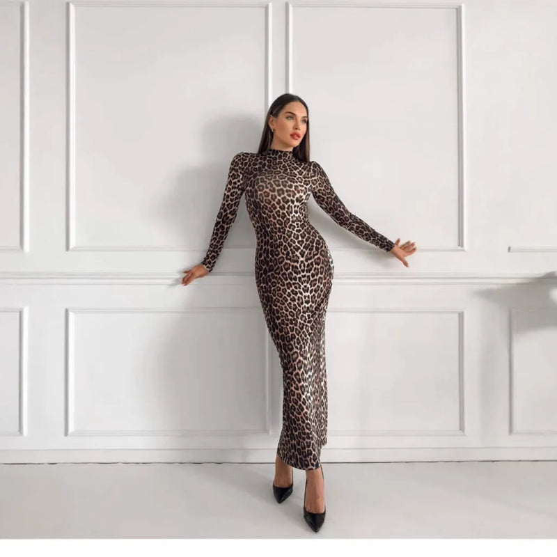 Leopard print long sleeve dress with stand collar made from milk silk polyester fabric in high waist hip skirt long length style available in sizes S M L ideal for private clothing socialite occasions