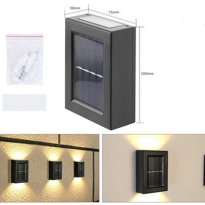 Solar garden wall light with LED illumination measuring 30×75×100mm in black plastic finish