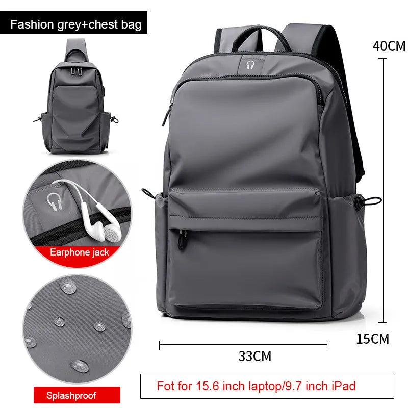 Oxford spinning travel backpack, medium vertical square school bag with zipper and double shoulder straps, black or grey.