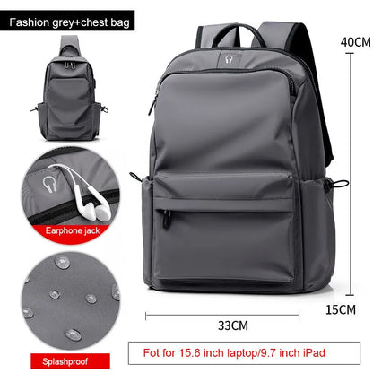 Oxford spinning travel backpack, medium vertical square school bag with zipper and double shoulder straps, black or grey.
