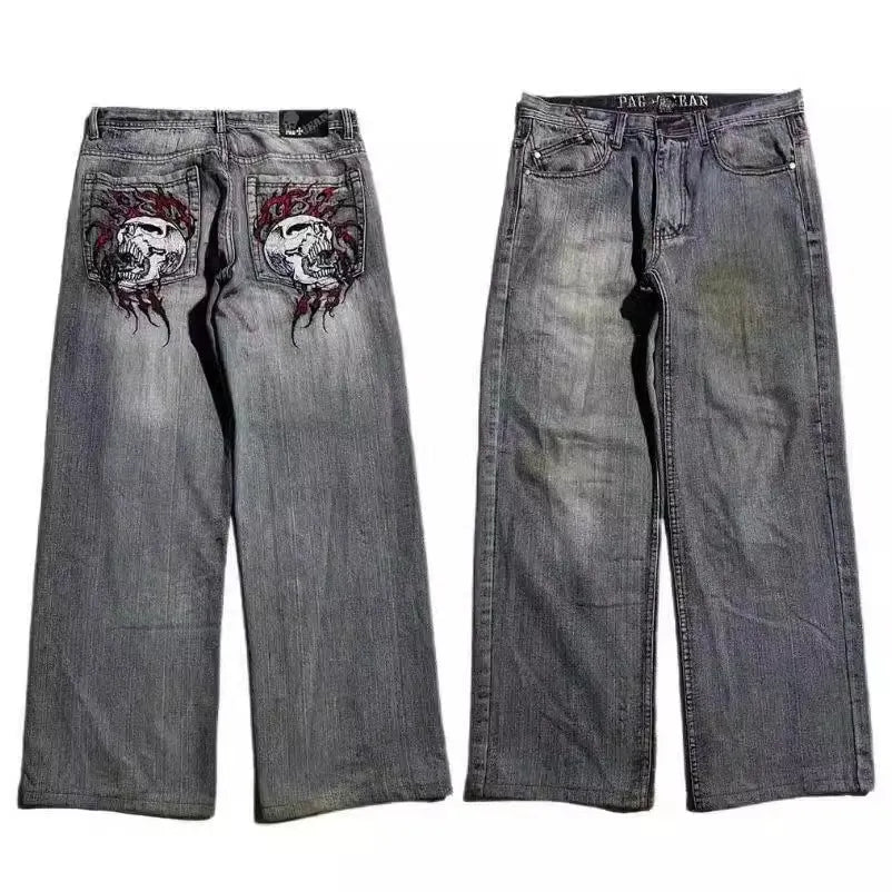 Men's grey washed-out wide-leg jeans with straight silhouette and micro elasticity fabric