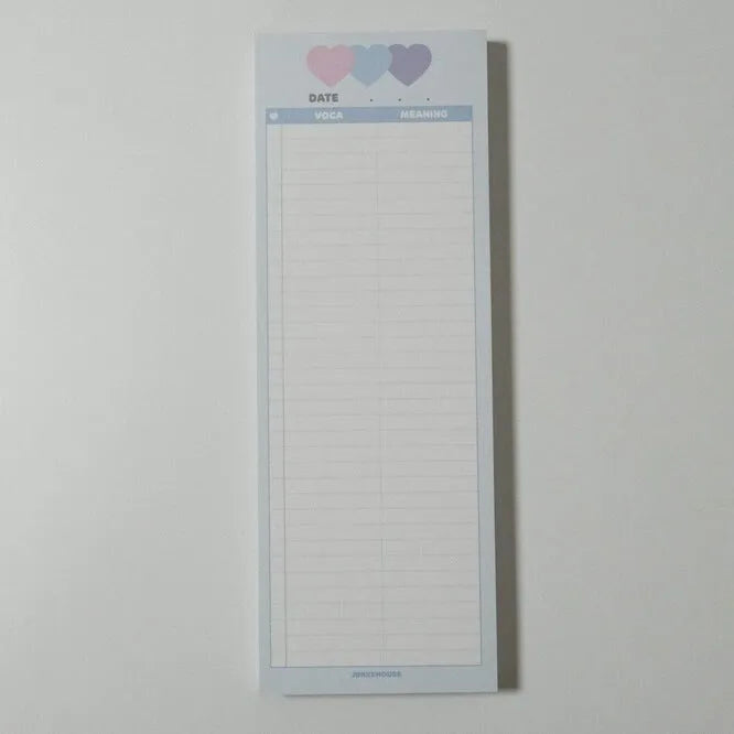 Vertical double-sided learning notepad showing 30 sheets in B5 half size (9.1x25.7cm) for English words practice