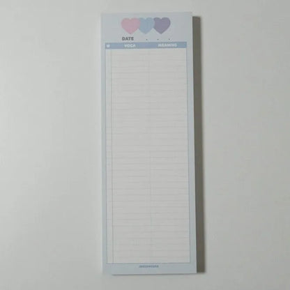 Vertical double-sided learning notepad showing 30 sheets in B5 half size (9.1x25.7cm) for English words practice