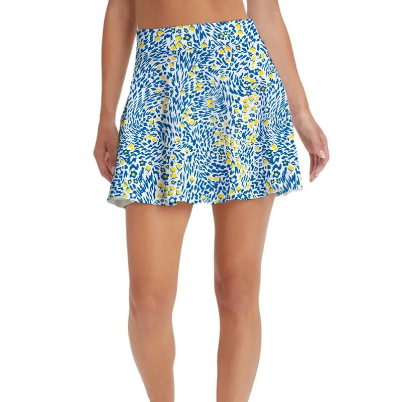 Women's high waist half-length sports skirt for golf tennis badminton, breathable athletic skirt in sizes XS to XXL available in blue, orange red, and emerald green, practical design with accurate size chart guidance