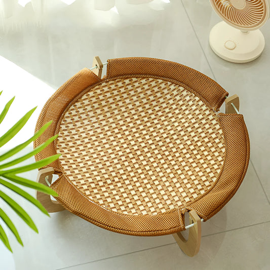 Brown square woven rattan pet hammock bed for cats and small dogs, shown off the ground.