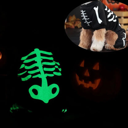 Halloween luminous skeleton bones four-legged pet costume for dog or cat in milk silk or sweater fabric.