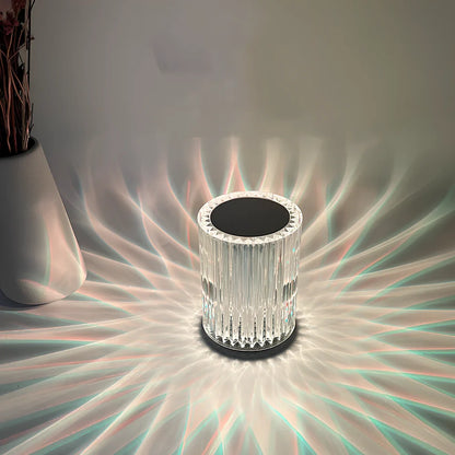 Crystal lamp with acrylic lines showing RGB lighting options on 9cm by 13cm base