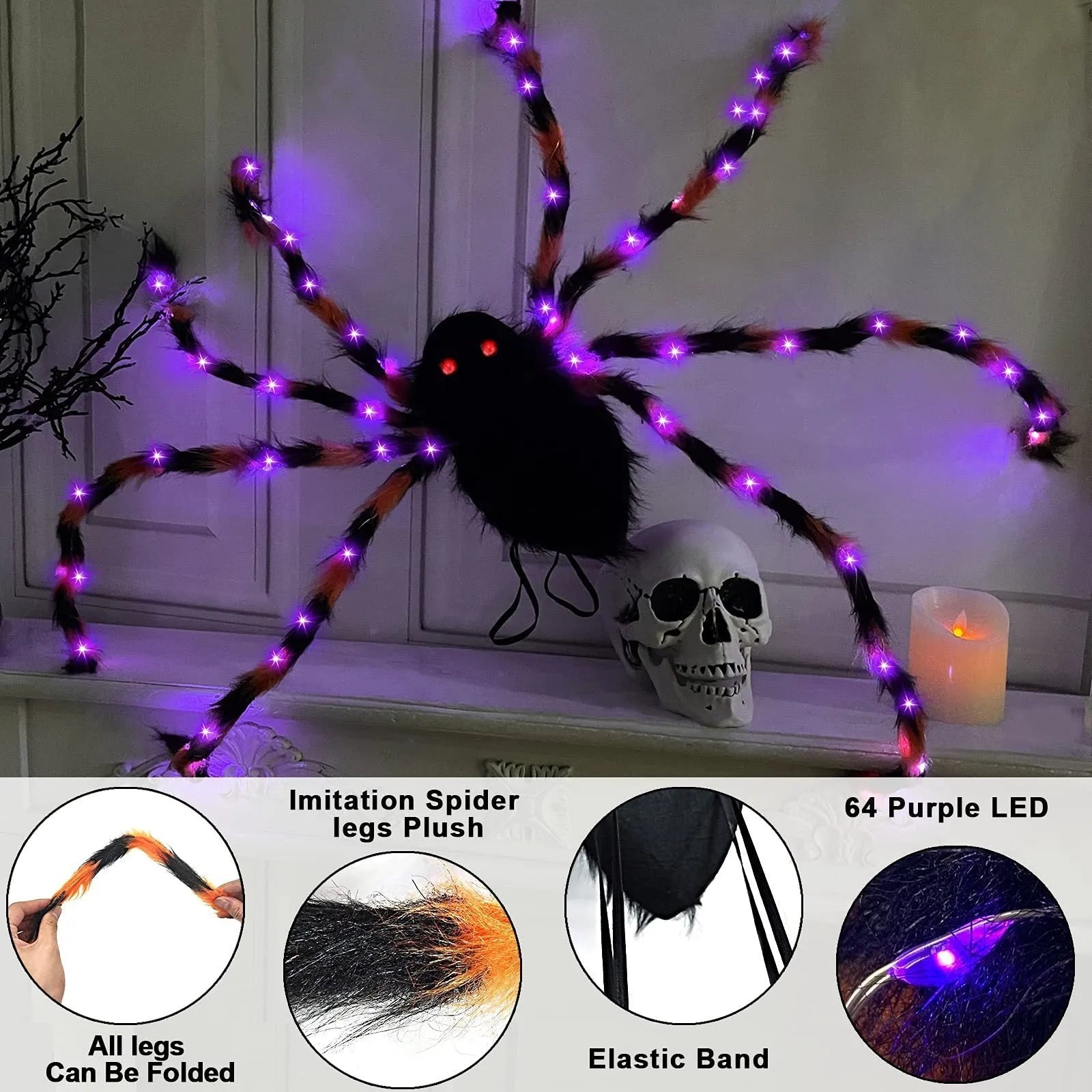 Halloween spider backpack with LED lights in plush material, available in multiple sizes and colours