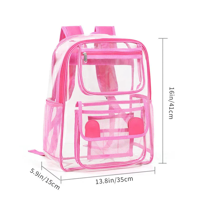 Transparent PVC travel backpack showing contents through clear material with 50 litre capacity