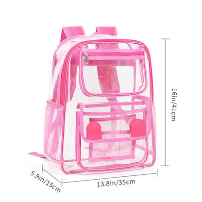 Transparent PVC travel backpack showing contents through clear material with 50 litre capacity