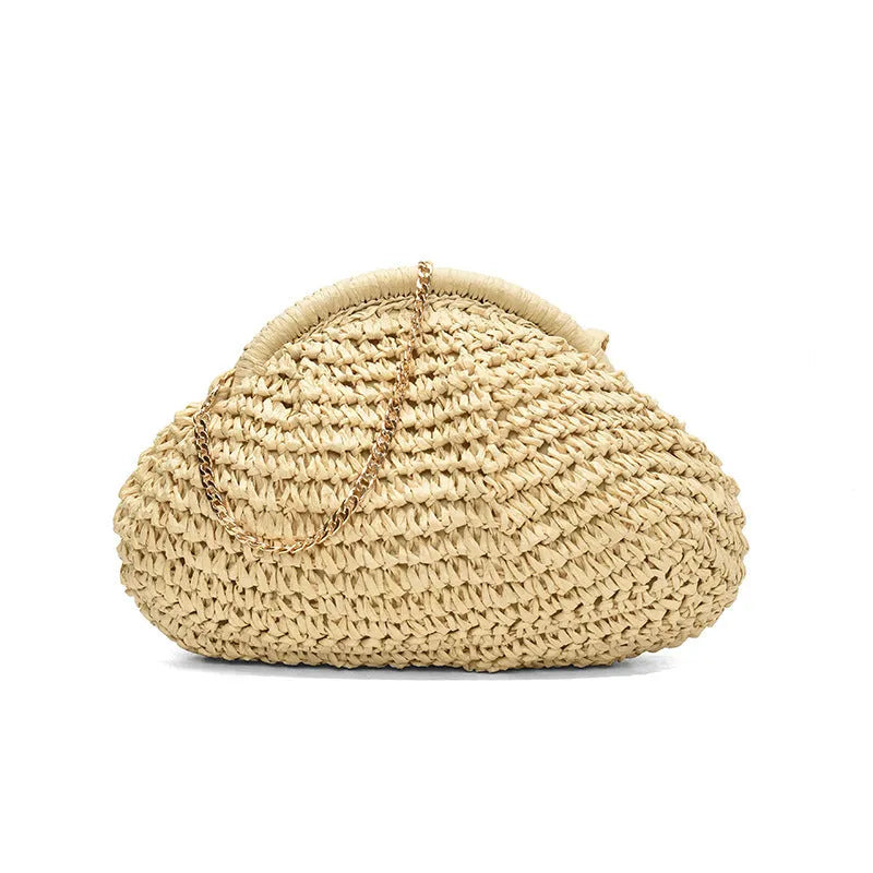 Women's paper straw beach shoulder bag in khaki colour with chain decorative elements