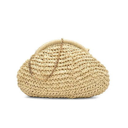Women's paper straw beach shoulder bag in khaki colour with chain decorative elements